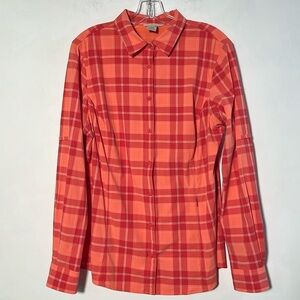 DULUTH TRADING Outdoor Hiking Cabin Vented Fishing Orange Plaid Nylon Shirt L